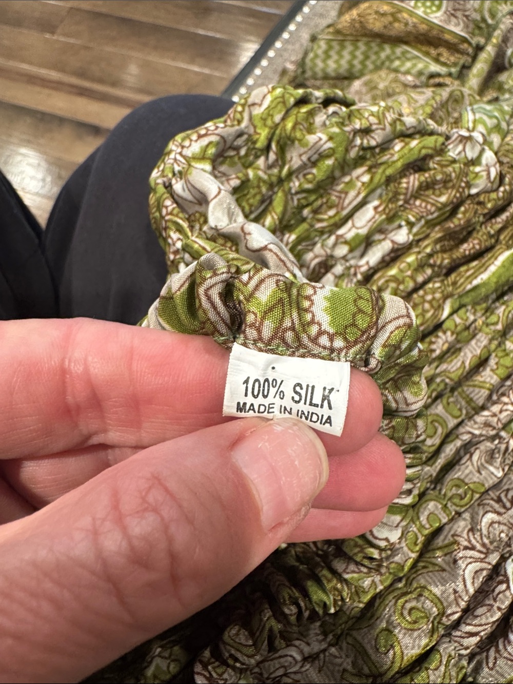 Smocked Waist Tiered Maxi Skirt in Olive & Cream 100% Silk - Picture 2 of 3